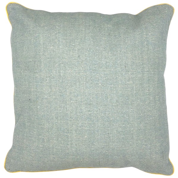 Rectangular woven blue cushion with fringed edges.