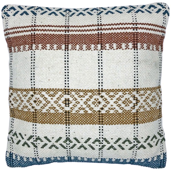 Decorative multicoloured cushion with geometric embroidery.