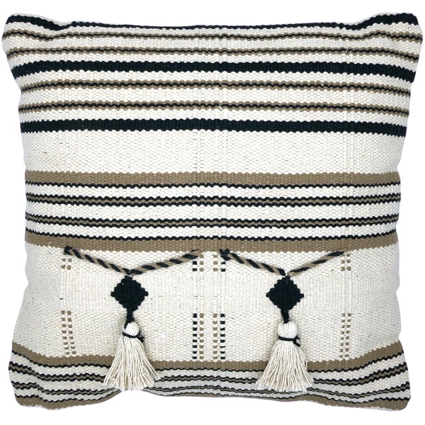 Striped beige cushion with tassels on a white background.