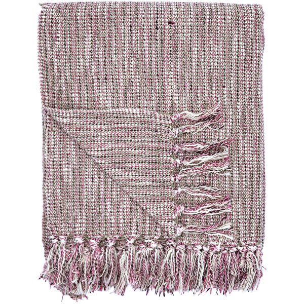 A folded woven pink throw blanket with tassels on the edges.