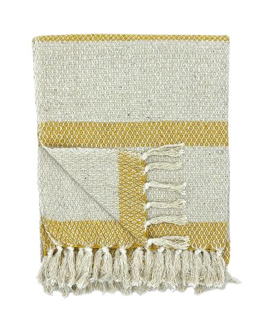 yellow and beige throw with a striped geometric pattern and beige tassels.