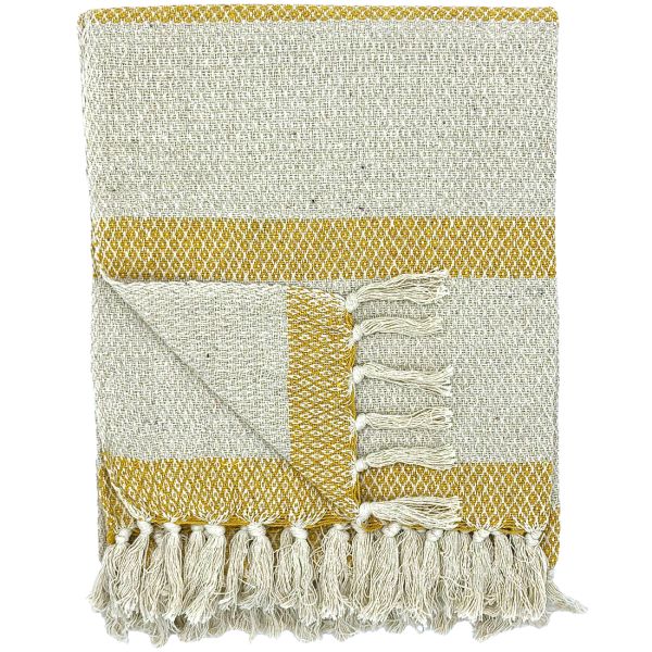 yellow and beige throw with a striped geometric pattern and beige tassels.