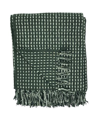 A green throw blanket with a contrasting stitch pattern and tassels on the edge.