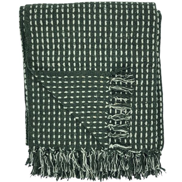 A green throw blanket with a contrasting stitch pattern and tassels on the edge.