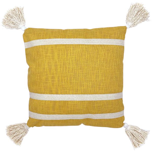 A golden yellow decorative pillow with cream tassels and two horizontal stripes.