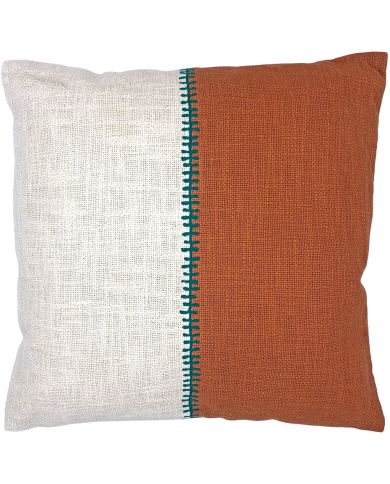 Two-tone woven cushion with embroidered stitching down the centre.