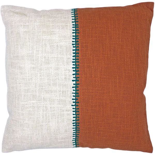 Two-tone woven cushion with embroidered stitching down the centre.