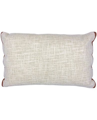 Rectangular beige cushion with scalloped edges in terracotta.