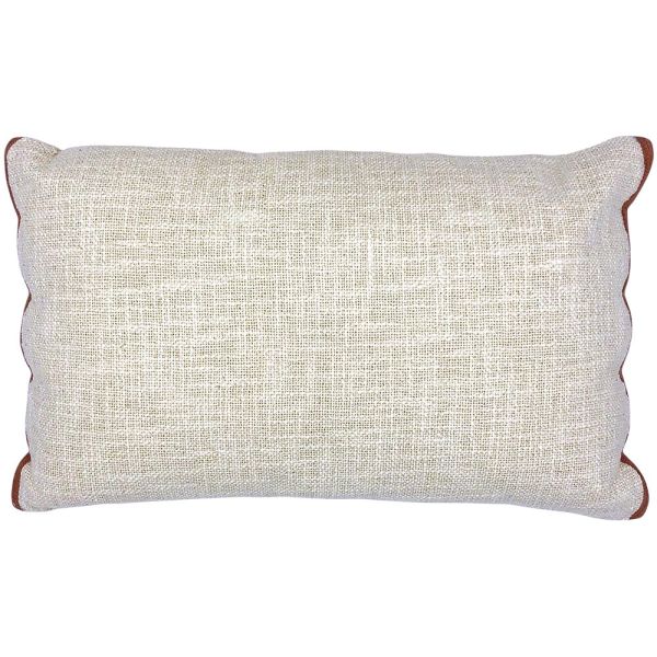 Rectangular beige cushion with scalloped edges in terracotta.