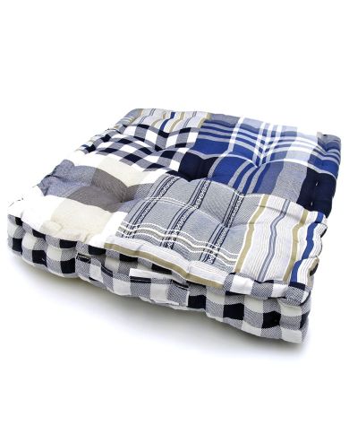 Box cushion in a pattern of blue stripes and checks with a handle.