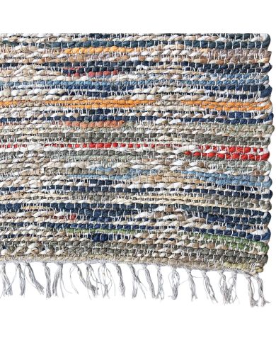 Close up of a textured, multicolored woven jute rug showcasing a blend of coloured jute. Close up of a textured, multicolored woven jute rug showcasing a blend of coloured jute.