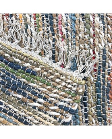 Close up of a textured, multicolored woven jute rug with fringes. Close up of a textured, multicolored woven jute rug with fringes.