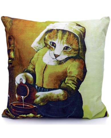 A decorative cushion featuring a cat in a rustic dress, pouring from a pot, resembling a classic painting style.