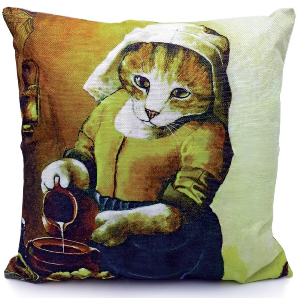 A decorative cushion featuring a cat in a rustic dress, pouring from a pot, resembling a classic painting style.