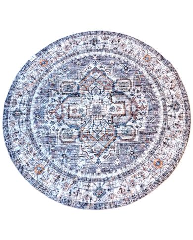 Round grey rug with intricate grey and blue patterns on a faded background.