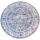 Round grey rug with intricate grey and blue patterns on a faded background.