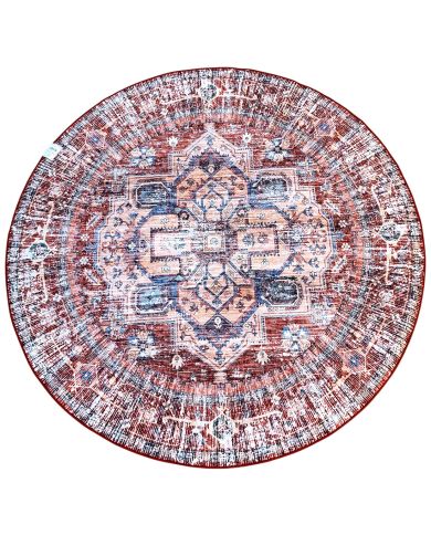 Round vintage rug with intricate blue and dark orange patterns on a neutral background.