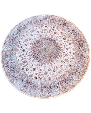 Beige round rug with intricate patterns and a central medallion motif. Beige round rug with intricate patterns and a central medallion motif.