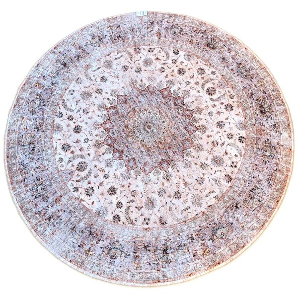 Beige round rug with intricate patterns and a central medallion motif.