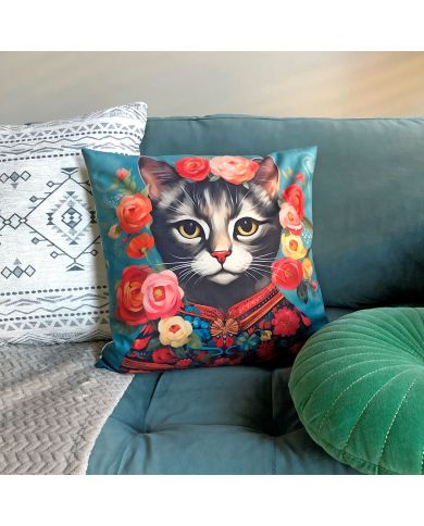 Een levendig kussen katten gezicht  versierd met bloemen op een groenblauwe bank met verschillende texturen en patronen. Een levendig kussen katten gezicht  versierd met bloemen op een groenblauwe bank met verschillende texturen en patronen.