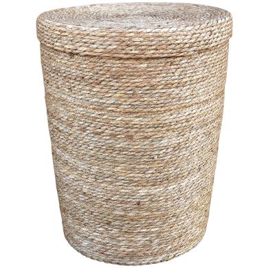 Rattan laundry basket with lid made from natural coloured woven seagrass.