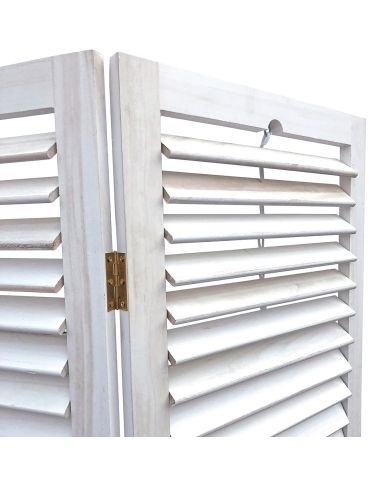 Close up of the adjustable wooden slats of a whitewash room divider. Close up of the adjustable wooden slats of a whitewash room divider.