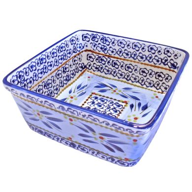 Square oven dish featuring intricate blue and yellow floral patterns.