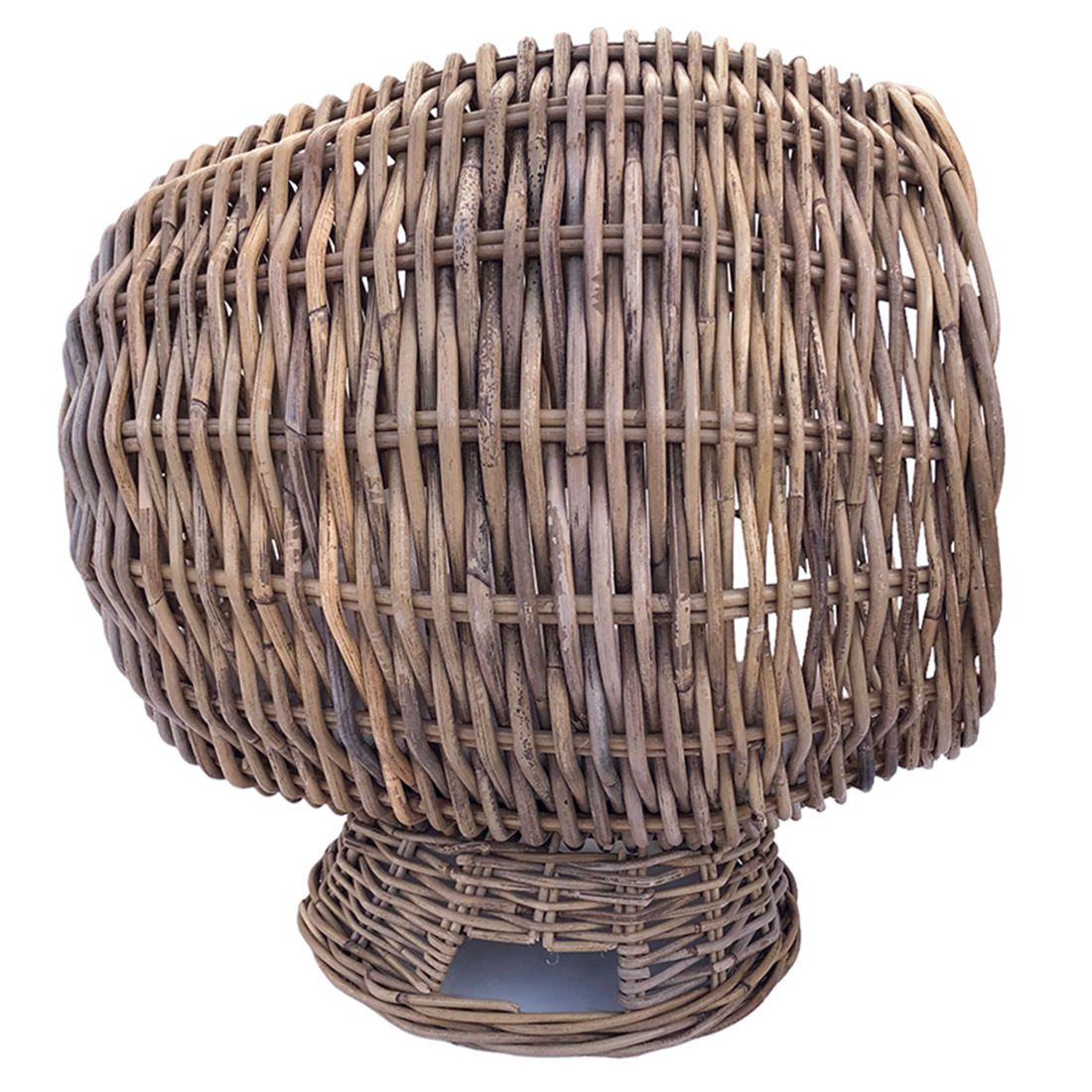 Side view of a rattan cat basket showcasing strong woven rattan.