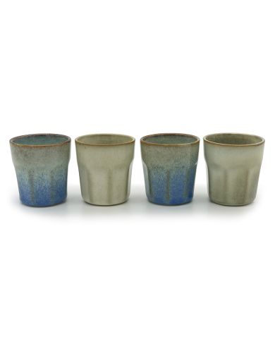 Four handmade espresso cups with subtle blue and grey reactive glazes.
