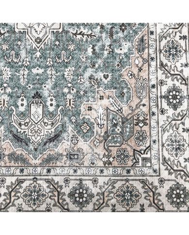 Close up of a Persian rug with intricate patterns in shades of grey and beige. Close up of a Persian rug with intricate patterns in shades of grey and beige.