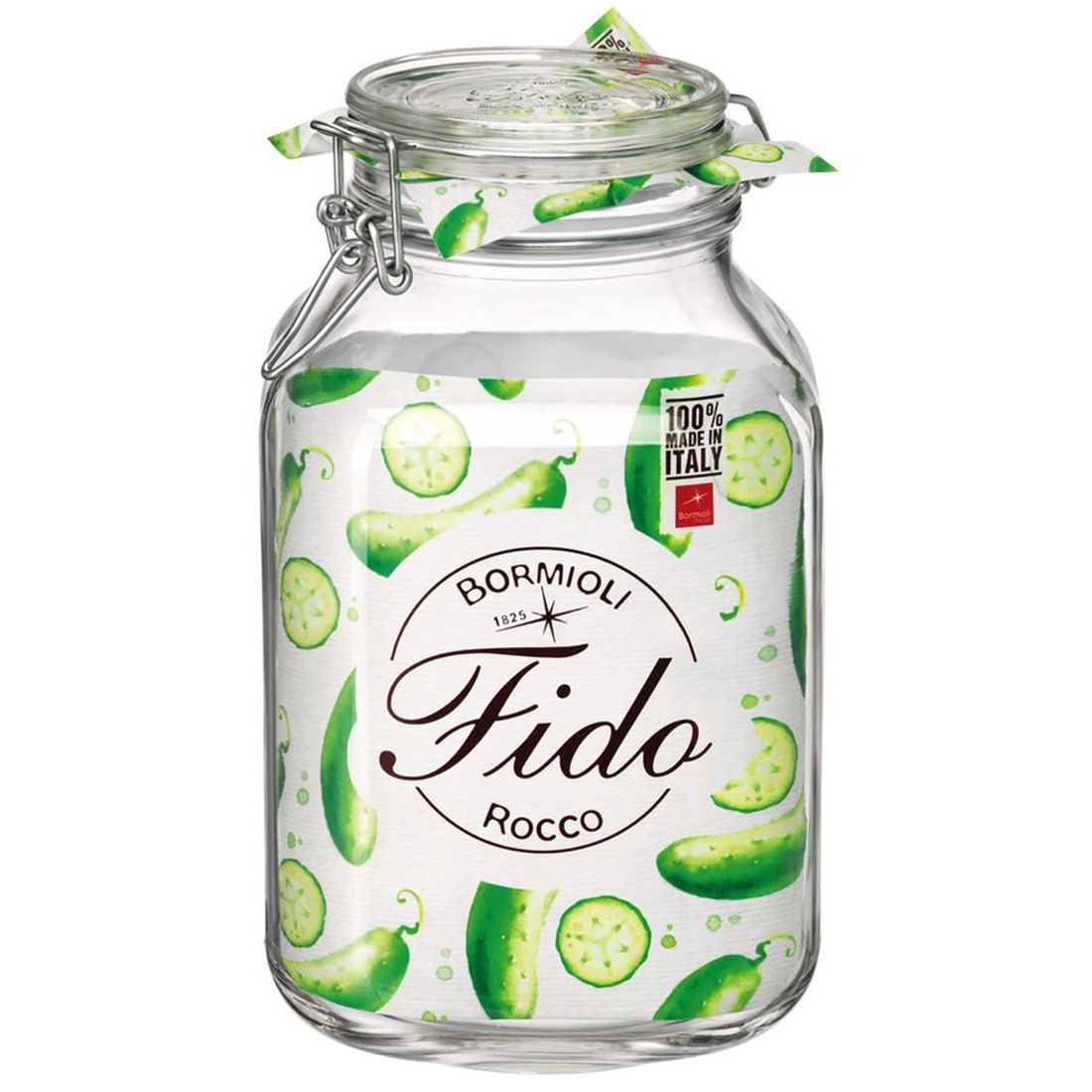 Glass preserving jar featuring the Bormioli Rocco brand, decorated with green cucumbers and peas. Glass preserving jar featuring the Bormioli Rocco brand, decorated with green cucumbers and peas.