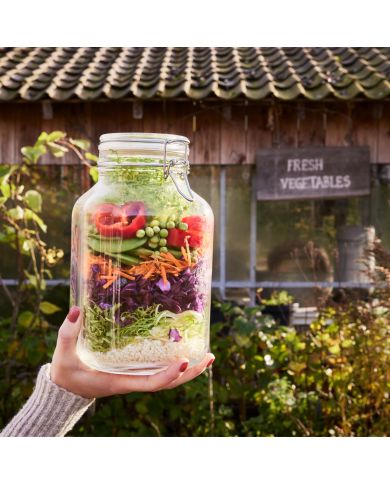 A hand holds a large preserving jar filled with colourful layers of fresh vegetables, set against a rustic garden backdrop.