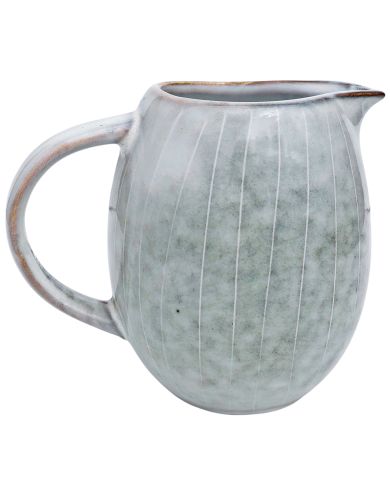 A ceramic milk jug with a rounded shape, featuring a Nordic grey glaze and contrasting vertical white lines.