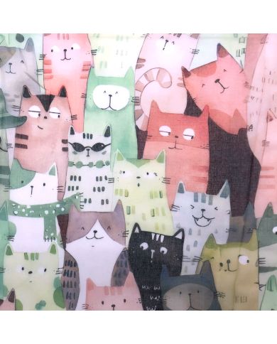 Close up of the green chiffon scarf featuring a whimsical pattern of stylized cats. Close up of the green chiffon scarf featuring a whimsical pattern of stylized cats.