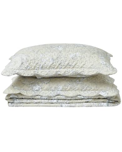 A stack of Floral Toile pillows featuring a classic floral toile design on a beige background.