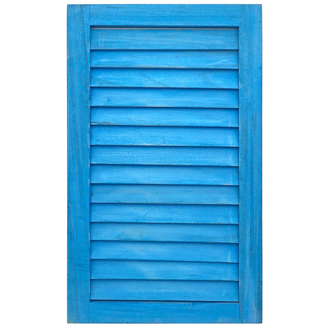 Bluewash wooden shutter with fixed slats and a simple rectangular frame, showcasing a vibrant colour and rustic texture.