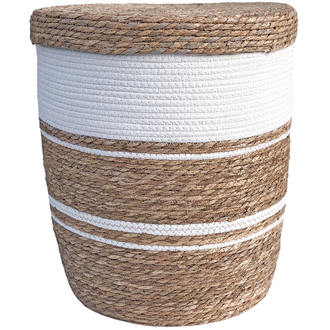 White laundry basket with lid made from natural coloured and white woven seagrass.