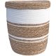 White laundry basket with lid made from natural coloured and white woven seagrass.