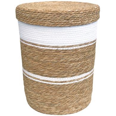 White laundry basket with lid made from natural coloured and white woven seagrass.