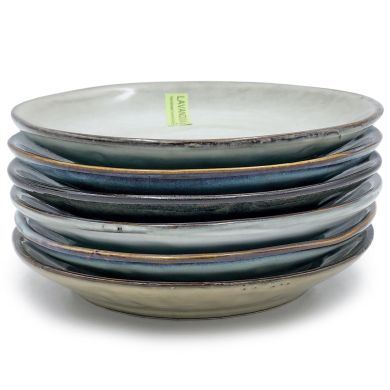 A stack of six stylish petit four plates in various colours.