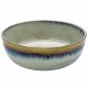 Bohemian soup bowl with a glossy grey interior, featuring a speckled reactive glaze of blue and brown around the rim.