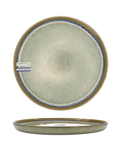 A round, limited edition bohemian dinner plate with a soft grey glaze and a blue rim.