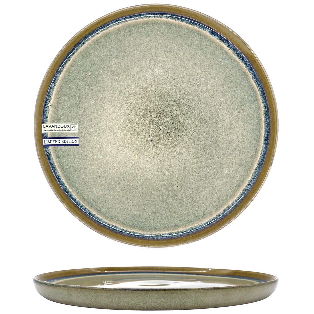A round, limited edition bohemian dinner plate with a soft grey glaze and a blue rim.