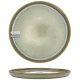 A round, limited edition bohemian dinner plate with a soft grey glaze and a blue rim.