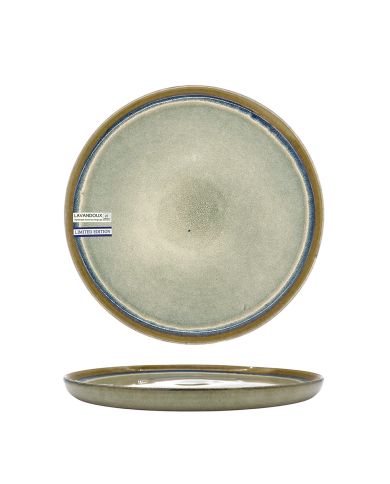 A round, limited edition bohemian side plate with a soft grey glaze and a blue rim.
