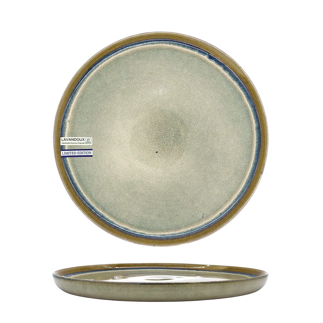 A round, limited edition bohemian side plate with a soft grey glaze and a blue rim.