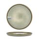 A round, limited edition bohemian side plate with a soft grey glaze and a blue rim.
