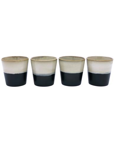 Four retro cappuccino mugs with a sleek two-tone glaze that transitions from matte black to a warm beige hue.