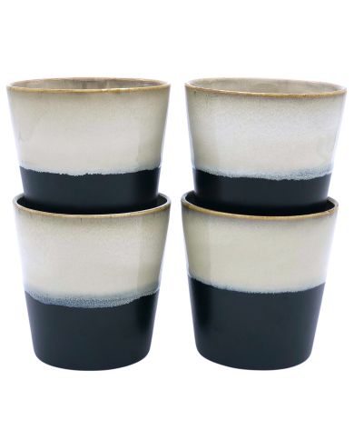 Retro cappuccino mugs stacked in two pairs, featuring a two-tone minimalist design.