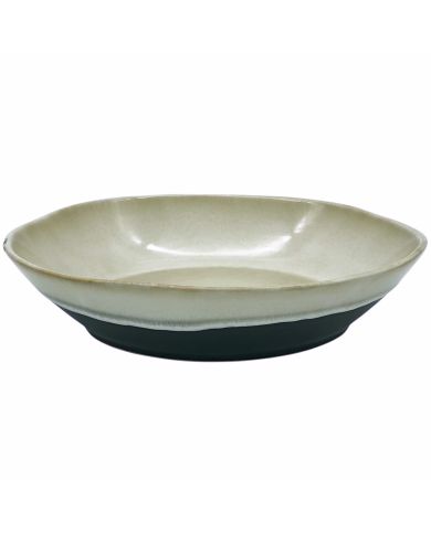 Two-tone large serving dish with a smooth beige interior and a contrasting black base.